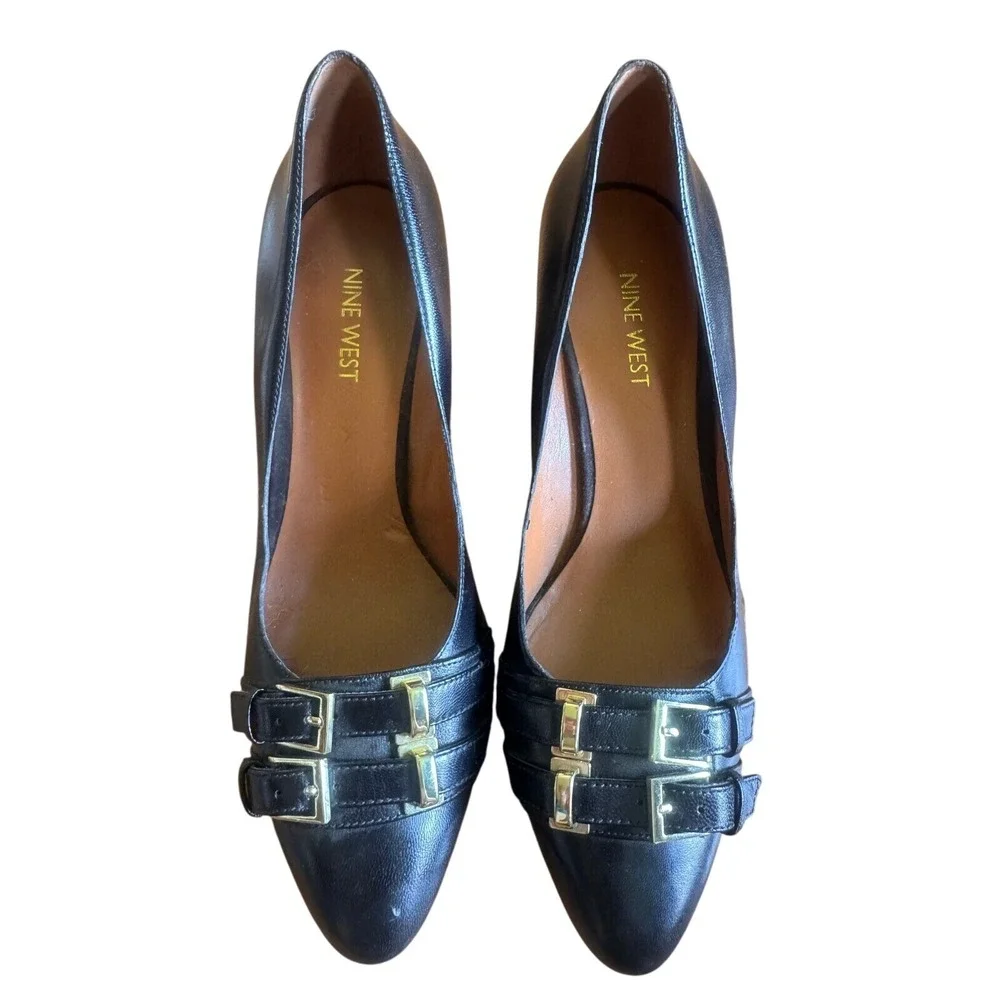 Nine West Black Leather Double Buckle Wedge‎ Pumps Pointed Toe FSD 0913 Shoes